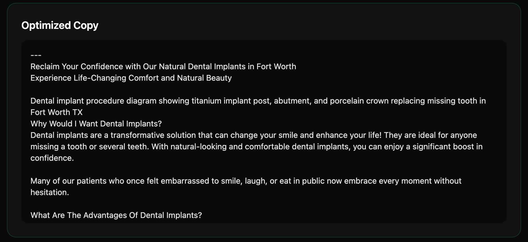 Optimized dental implant marketing copy produced after the Revenue Leak analysis