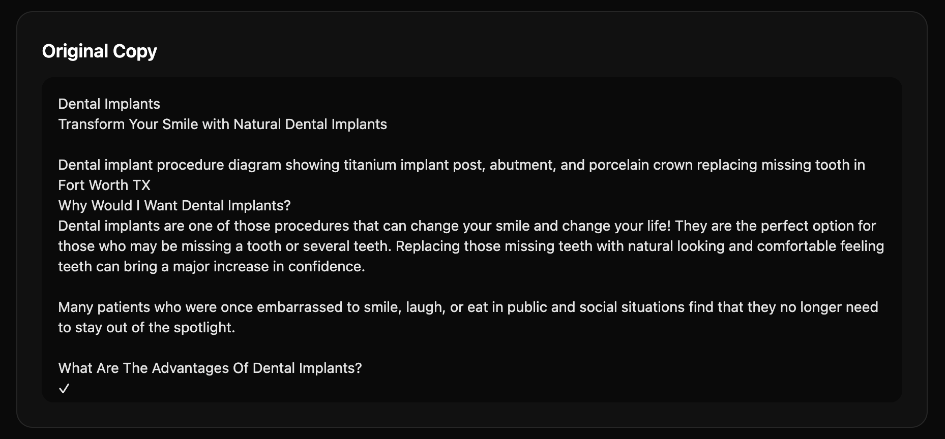 Original dental implant marketing copy entered into AdCopyWizards