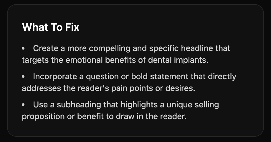 AdCopyWizards recommendations for what to fix in the dental implant message