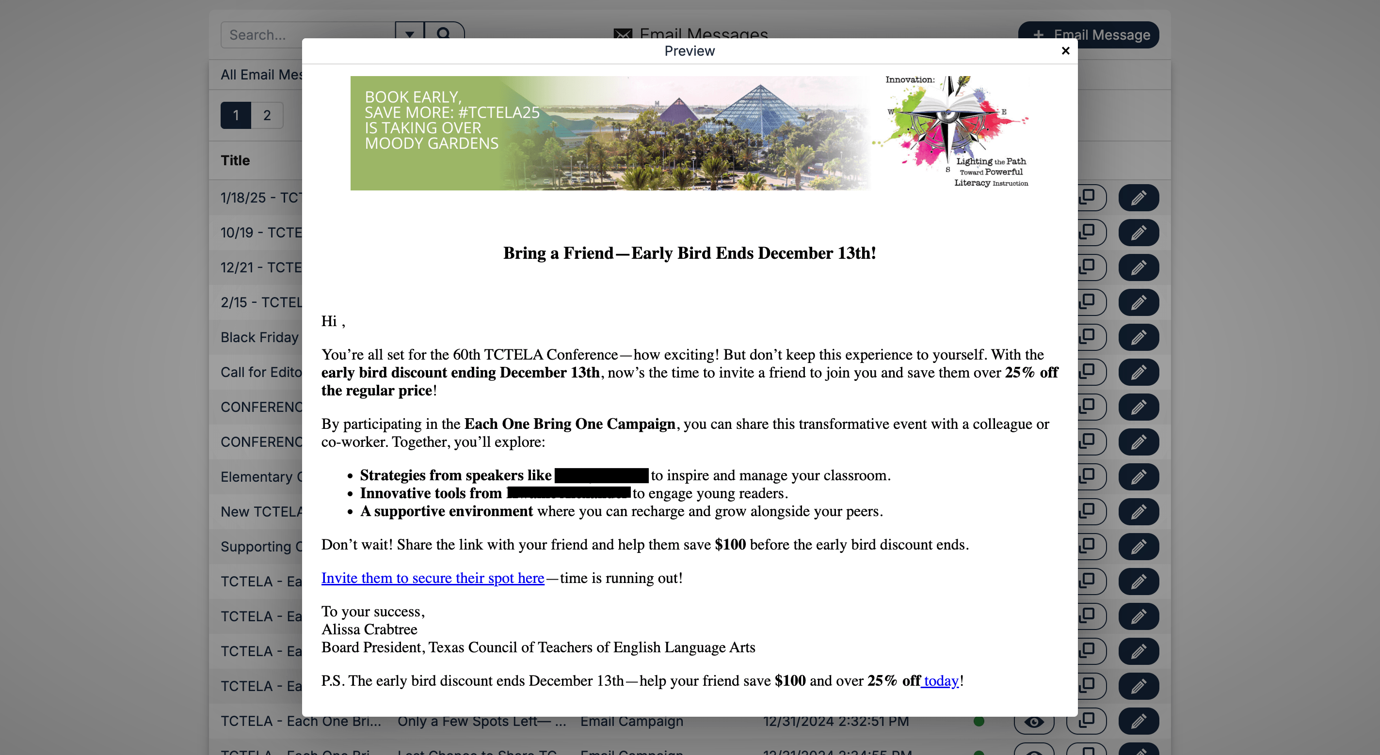 One of the 22 emails sent during the TCTELA conference campaign