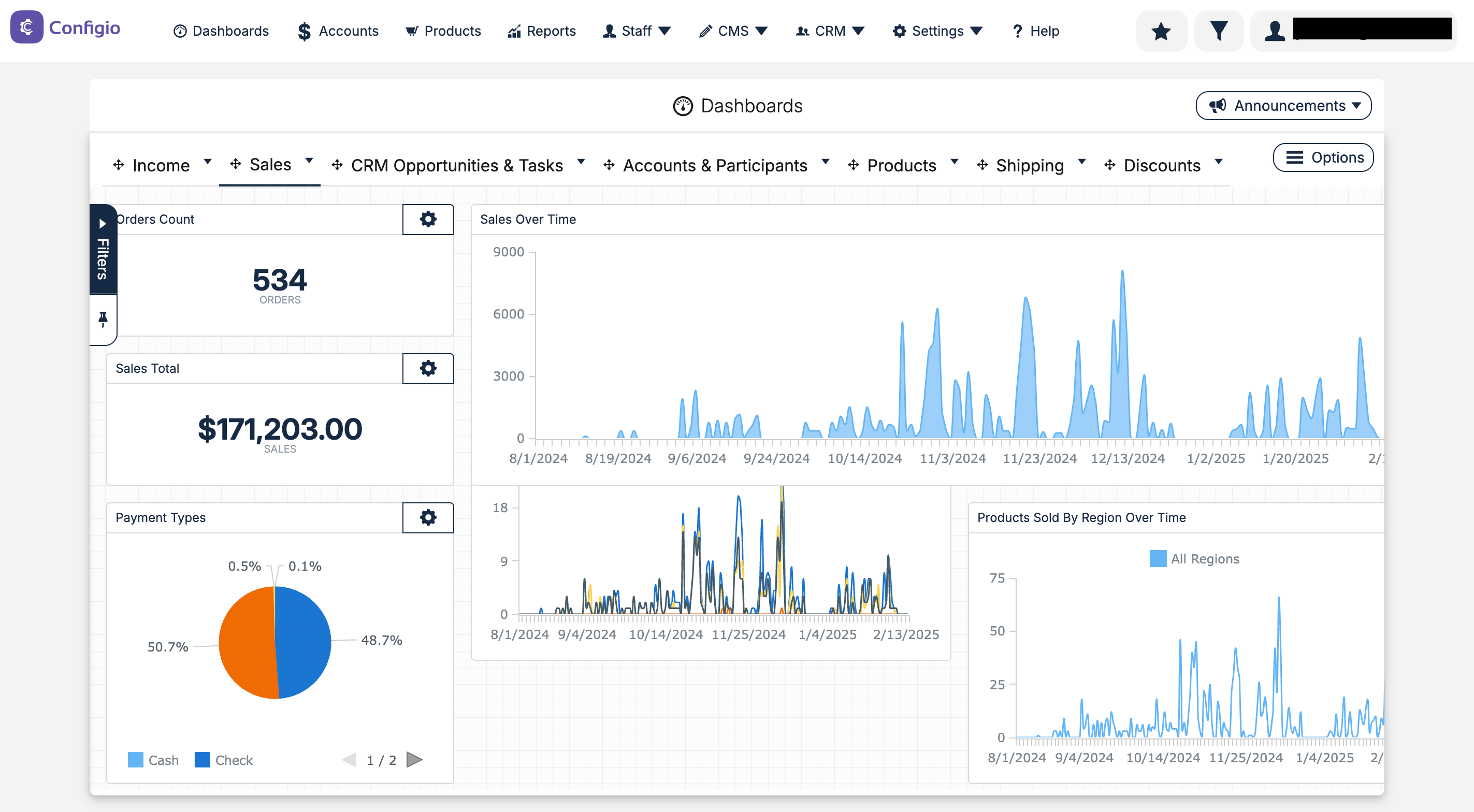 Configio dashboard showing 534 orders and $171,203.00 in total sales